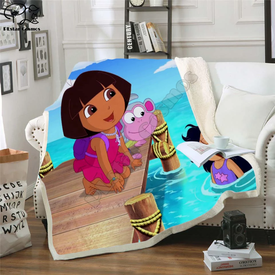 Хвърли едно одеяло Дора карикатура смешно 3D кадифе плюшевое одеяло покривка за деца момичета Шерпа одеяло на дивана пухени пътуване 02