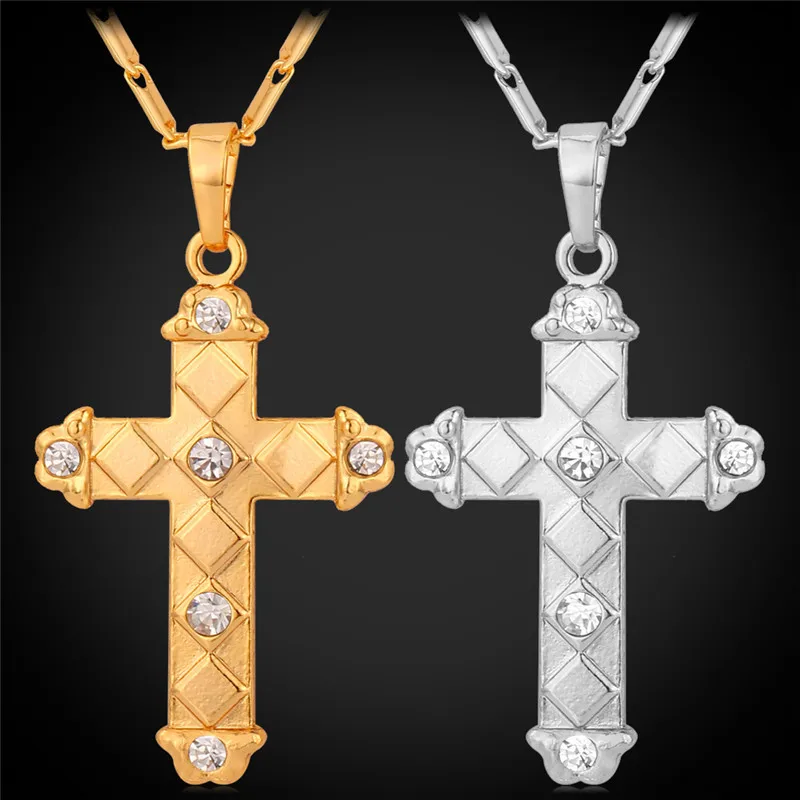 Кръст висулка колие жълто злато/сребро цвят Crystal е разпънат на кръст висулка колие за мъже религиозни християнски бижута P089