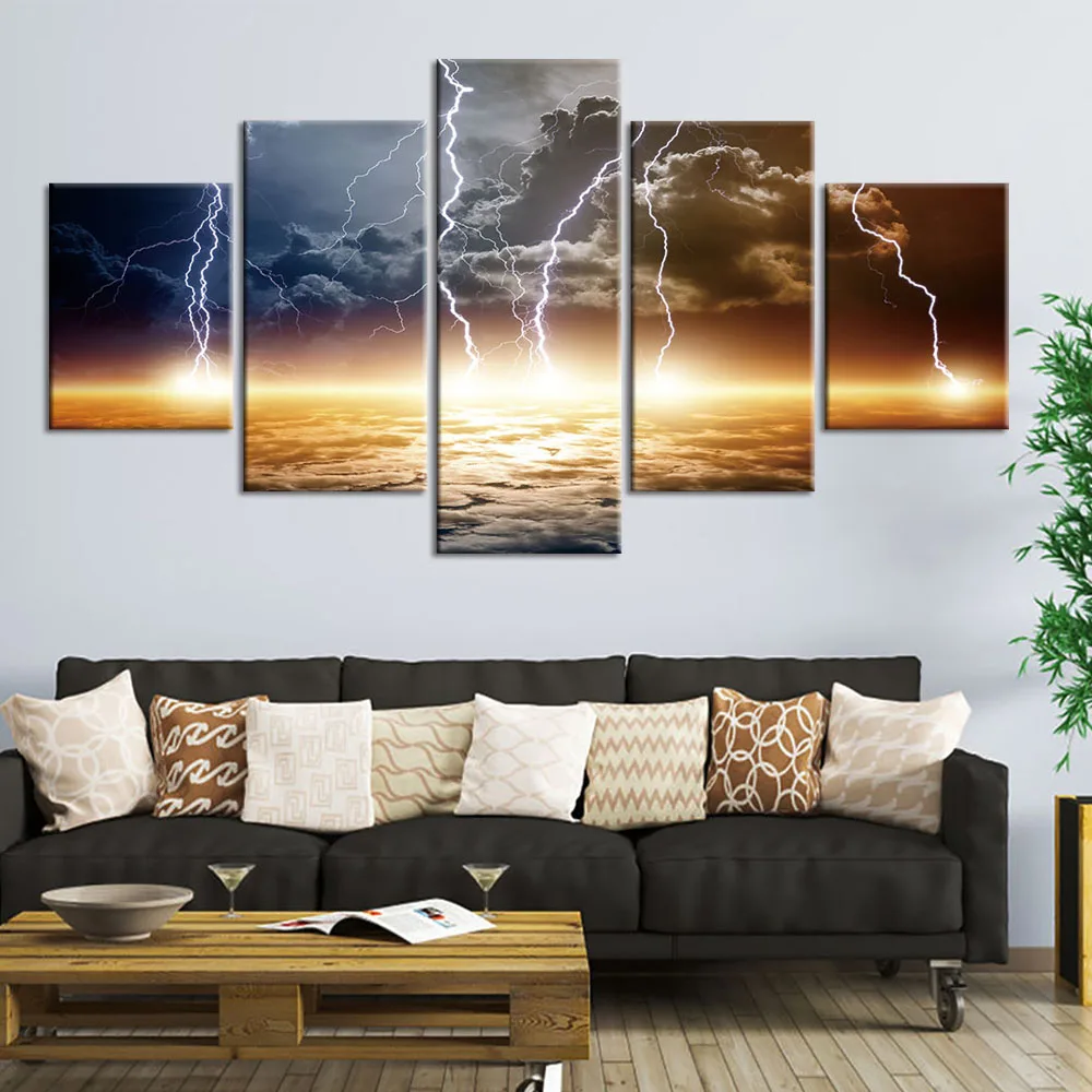 Платно за Живопис стенно изкуство HD щампи 5 бр. светкавица пейзаж тъмни облаци стенни картини за хола домашен интериор