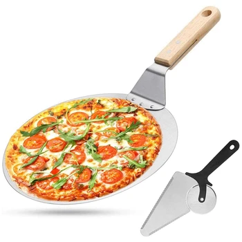 12 инча пица кора от неръждаема стомана нож за пица лопата, комплект за метал през цялата пица гребло с дървена дръжка шпатула за пица