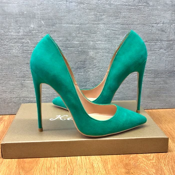 2019 мода безплатна доставка жени дама нов зелен велур Poined Toe низане на висок ток помпа обувки на висок ток сватба