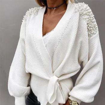 2020 дамите с дълъг ръкав V-образно деколте лък Перлата на чист цвят на талията плета жилетка мода пуловер дръпна Femme Hiver