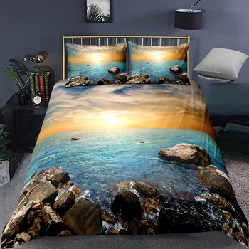 3D красив залез лавандула единична двойна романтична пухени набор от морето и плажа на печатни постелки Comfotable с калъфка