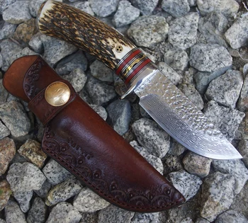 60 HRC ръчно изработени Дамасская стомана ловен прав нож див Рог/кравешки рог дръжка растително дъбени кожени сабя, нож за оцеляване