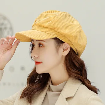 COKK Есен Зима нова вельветовая осмоъгълна шапка дамски раирана шапка вестникарче взима шапки за жени корейски ретро ретро качулка
