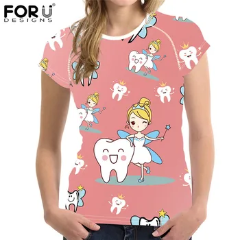 FORUDESIGNS дамска мода, О-образно деколте зъболекар / зъби / паста за модел дамски лято розови блузи, тениски момичета ризата Feminina тениски
