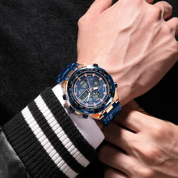 GOLDENHOUR мъжки часовник Top Brand Luxury Fashion LED Dual Display ръчен часовник спортен часовник от неръждаема стомана Relogio Masculino
