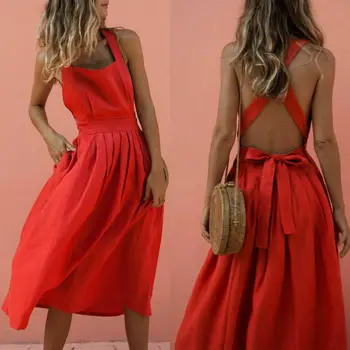 Hirigin Women Summer Boho Strappy Long Maxi Dress Секси без гръб Party Red Dress плажно облекло сарафан vestido mujer