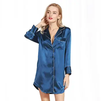 MISSKY Women Nightwear Nightgowns Секси Long Sleeve Solid Color Satin спално облекло Pijama Silk Home Носете Nightdress & Sleepshirts