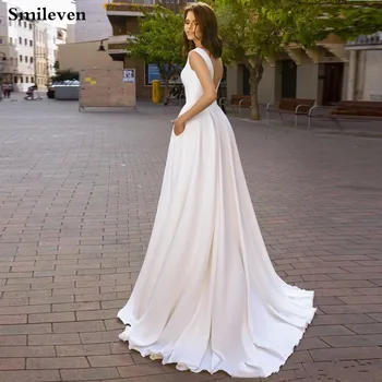 Smileven A Line розови сватбени рокли атласное Принцеса рокля на булката с V образно деколте без ръкави сватбени рокли 2020 Vestido de noiva
