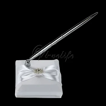 Бяла Сватбена дръжка и поставка за писалка комплект сатенени панделки лук Rhinesone обтегач държач за писалка за сватбеното парти декорация на дома
