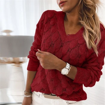Дамски пуловер пуловер есен зима с дълъг ръкав V образно деколте вязаный пуловер выдалбливают перо Дамски дрехи pull femme 2021