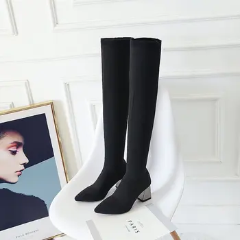 Есен-зима Дамски ботуши над коляното модни дълги ботуши черни тънки секси дамски обувки на висок ток с остър пръсти плетене гореща разпродажба