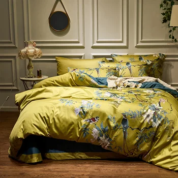 Жълт копринен памук Chinoiserie стил птици завод пухени супер САЩ Поп Кралицата размер на постелки 4 бр.