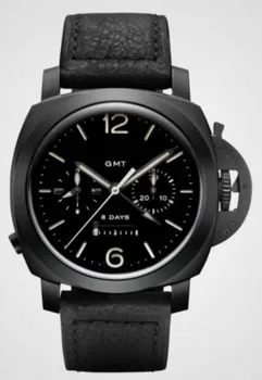 Класически нови мъжки автоматично механични самозаводящиеся сапфировые на часовника от неръждаема стомана в сребристо черна кожа светещи 8 дни GMT AAA+