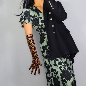 Леопард дълги ръкавици 50 см женски изкуствена кожа ярка лачена кожа на жените кожени ръкавици кафяв Леопард тънък ръка WPU288