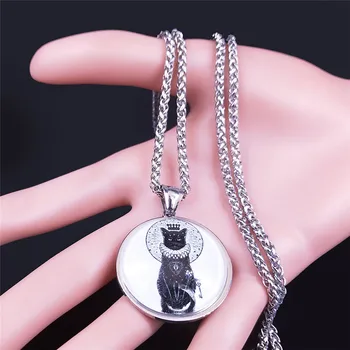 Магия черна котка, неръждаема стомана, стъкло сребърен цвят дългата верига огърлица жени/мъже бижута acero inoxidable joyeria N5130S02