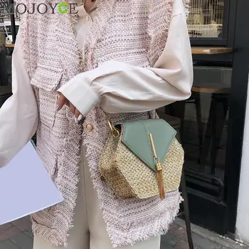 Мода шестоъгълник Mulit стил слама+pu чанти жени лято ратанови чанта
