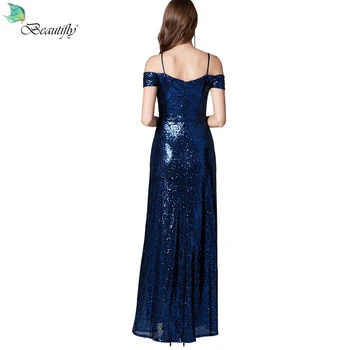 Пищни рокля тъмно синя вечерна рокля с цепка спагети каишка светкавица назад рокли страна на облегалката