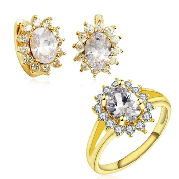 Принцеса сватба бижута, бижута комплекти за жени злато мода Бял кубичен цирконий обръч обеци пръстени набор от LPG19