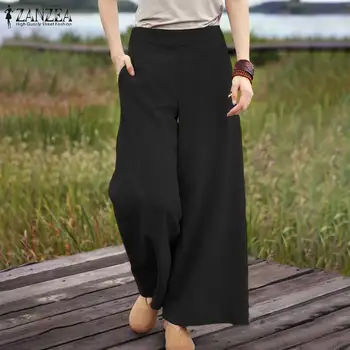 Реколта обикновена широки панталони дамски есенни панталони ZANZEA 2021 еластичен колан дълги панталони Palazzo дамски ежедневни ряпа плюс размер