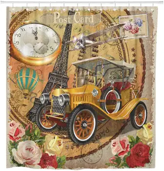 Ретро Париж стари цветни автомобилни часовници Франция старата завеса за душ водоустойчив полиестерен плат 72 x 72 инча, определени с куки