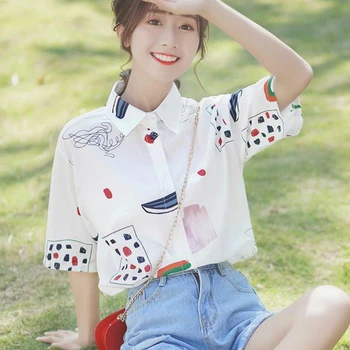 Ризи Женски с къс ръкав отложной яка сладък студентски отдих шифоновые блузи, дамски блузи корейски стил универсална риза шик