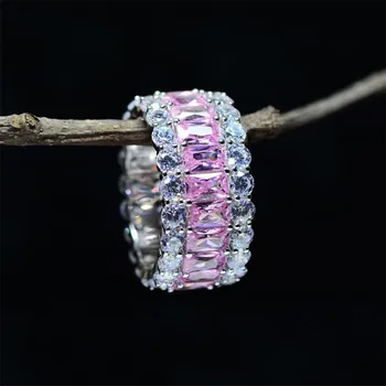 Ръчно изработени луксозни бижута сребро 925 проба Принцеса нарязани бял и розов Топаз CZ Диамант на партията на жените сватба годежен пръстен Пръстен