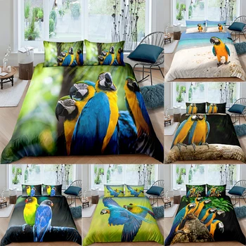 Синият папагал шаблон комплект постелки Кралица 3D сладък печатни пухени спално бельо 2/3шт домашен текстил лукс високо качество на покривалото