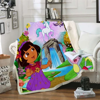 Хвърли едно одеяло Дора карикатура смешно 3D кадифе плюшевое одеяло покривка за деца момичета Шерпа одеяло на дивана пухени пътуване 02