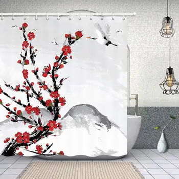 Японската червена череша цвете цвете в планината с бял Пай душ завеса