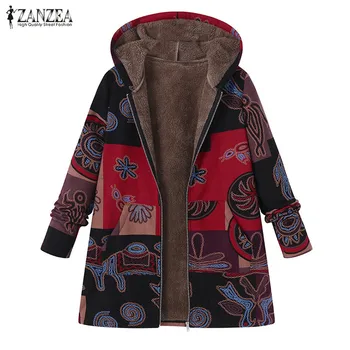 2021 зима с качулка на печатни тънки палта ZANZEA стари етнически изкуствена подплата връхни дрехи на жените ципове на якета Дамски палта на топ 5XL7