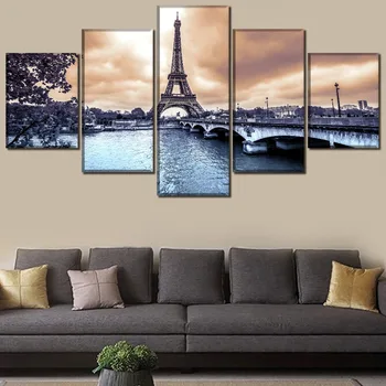 HD печат небето облак пейзаж, картина на платно стени на изкуството рамка 5 бр. Айфеловата кула и мост живопис за всекидневна Декор
