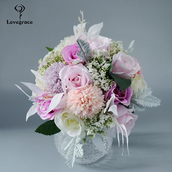 Виолетово розов букет за шаферка копринени рози на Сватбени цветя, сватбени букети изкуствена Флора брак декорация на дома